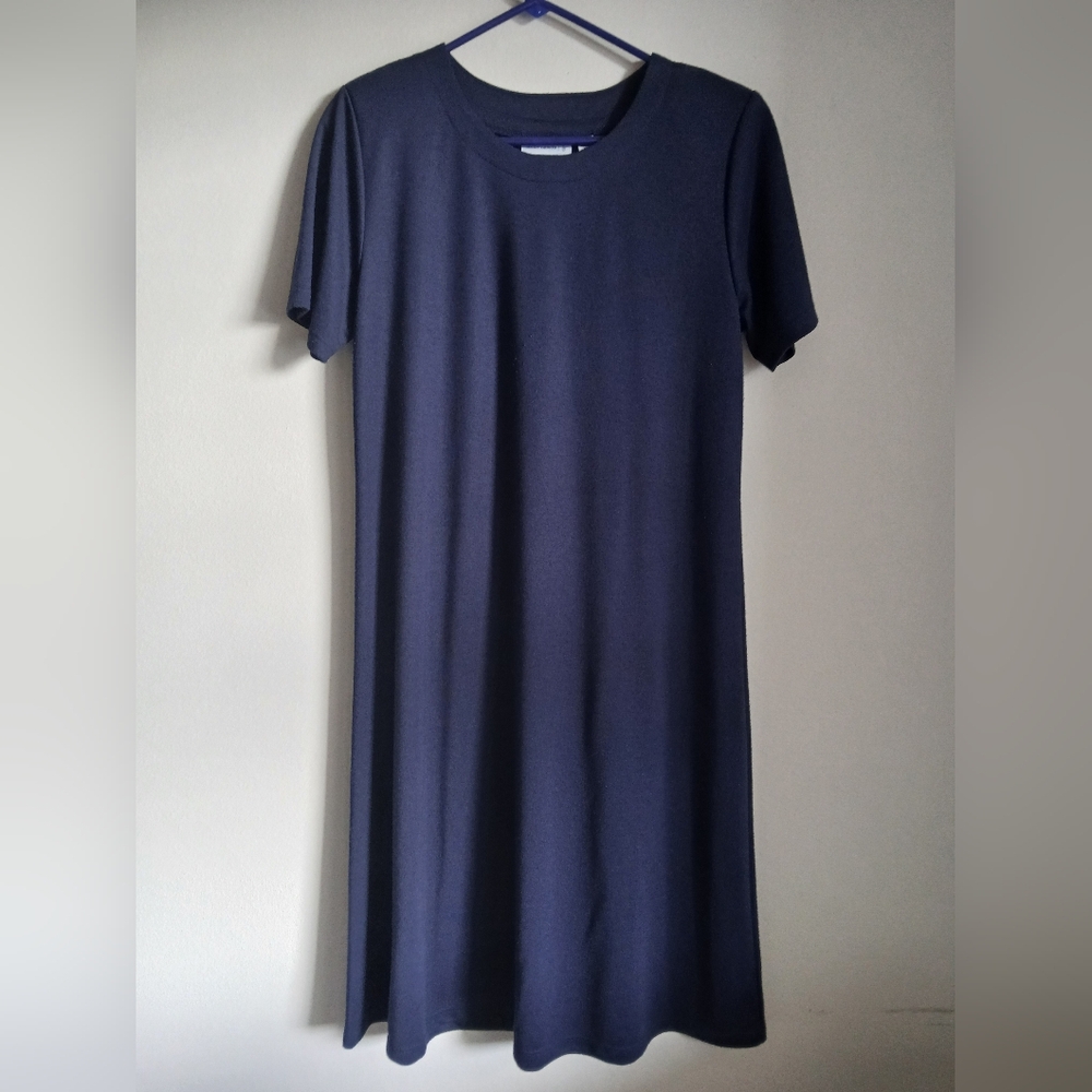 Susan Graver Dress Womens Size M Solid Navy Blue Short Sleeve